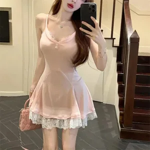 Pink Lace Trim Halter Dress Women's Summer Princess Fluffy Short Skirt V-Neck Strapless Dresses High Waist A-Line Skirt