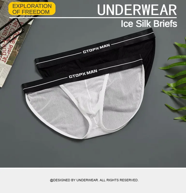 Underwear Men Sexy Low Waist Transparent Briefs Striped Ice Silk Mesh U Convex Thin Breathable Underpanties Ropa Interior Hombre