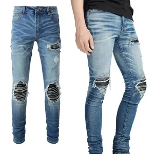 Nueva moda de venta al por menor, pantalones vaqueros para hombre, pantalones vaqueros Retro azul claro ajustados, pantalones vaqueros rasgados destruidos, pantalones de Hip Hop de marca de diseñador parcheados para hombre 6806