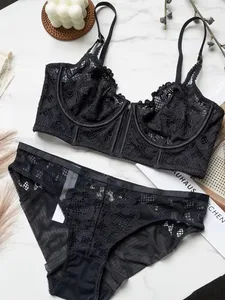 Women Vintage Black Floral Lace Lingerie Set Underwire Sheer Longline Bra And Panty 2‑Piece Gold Side Ring Detail Intimate Under