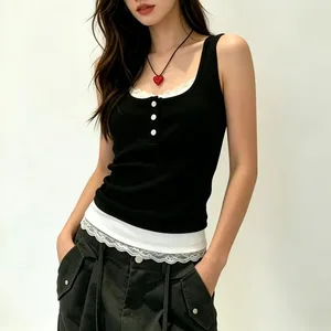 Regata feminina de falso duas peças com acabamento de renda e bojos de sutiã embutidos, camisola de viscose canelada sem mangas, colete curto de modelagem justa A6493