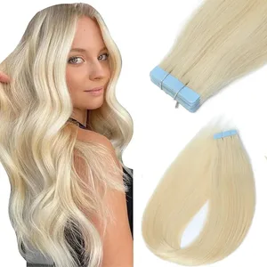 Blonde Tape sa Mga Extension ng Buhok ng Tao Platinum #60 Straight Seamless Skin Weft Tape sa Real Human Hair Extension 50G