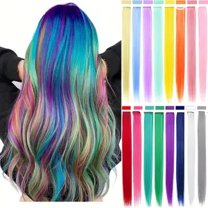 5 pçs/set clipe colorido na extensão do cabelo sintético arco-íris longo em linha reta hairpieces para mulheres menina crianças estilo y2k festa diária