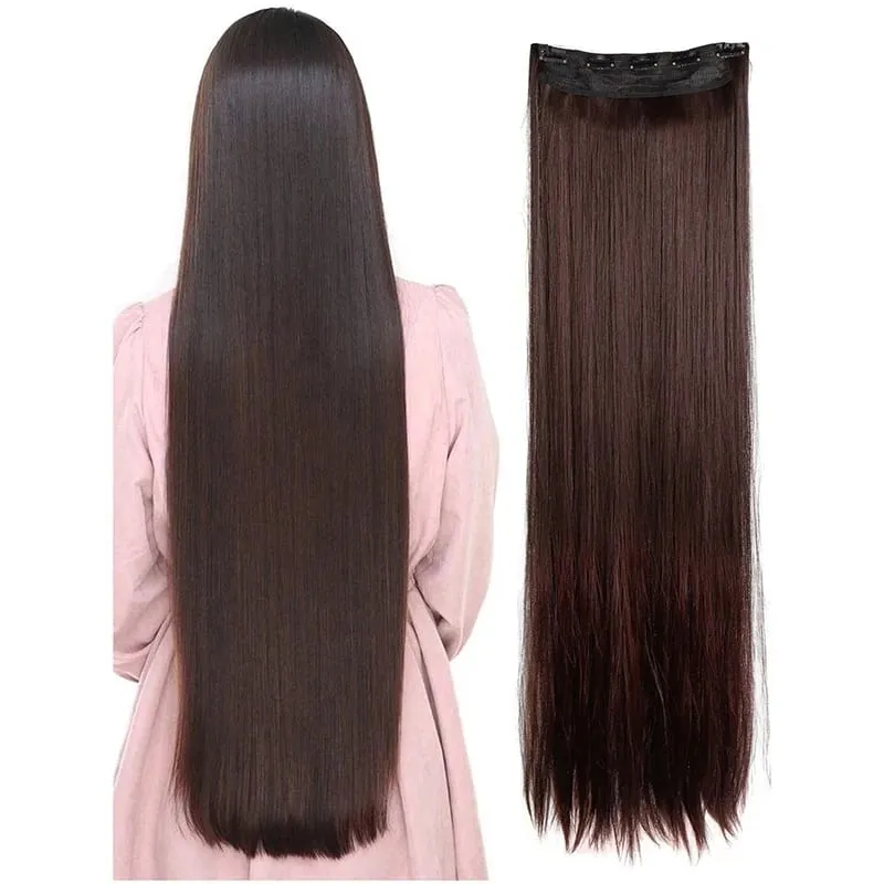 ยาวพิเศษตรง 5 คลิปต่อผมคลิปในส่วนขยาย Hairpieces สำหรับผู้หญิงสังเคราะห์ธรรมชาติคลิปผมตรงชิ้น