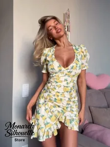 Chic Ruffle Print Slim Short Dress Women Chic Patchwork Flared sleeves V-neck Pleated Dresses 2026 Lady Summer Casual Vestidos